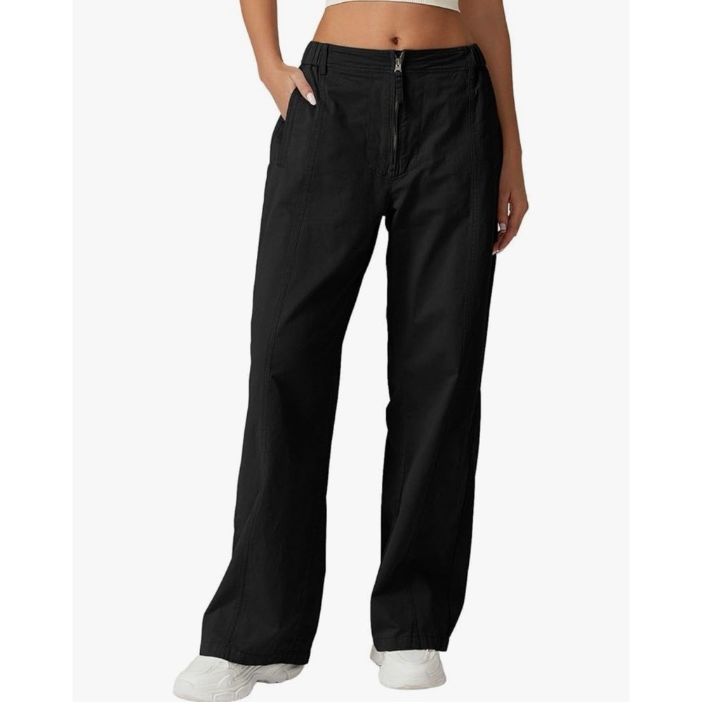 QINSEN Womens Black 100% Cotton Wide Leg Palazzo Pants High Waist Baggy Medium